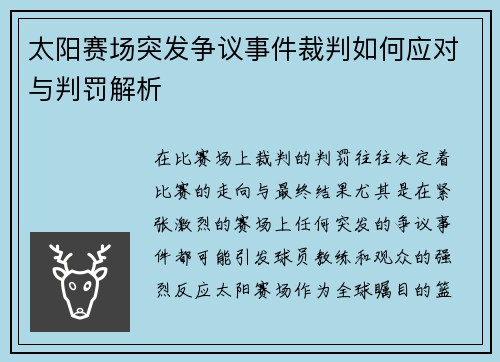 太阳赛场突发争议事件裁判如何应对与判罚解析
