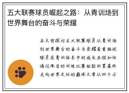 五大联赛球员崛起之路：从青训场到世界舞台的奋斗与荣耀