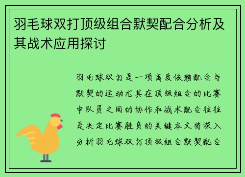 羽毛球双打顶级组合默契配合分析及其战术应用探讨