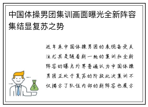 中国体操男团集训画面曝光全新阵容集结显复苏之势