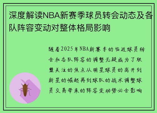 深度解读NBA新赛季球员转会动态及各队阵容变动对整体格局影响