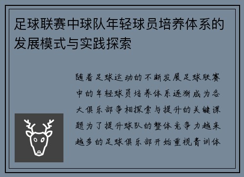 足球联赛中球队年轻球员培养体系的发展模式与实践探索