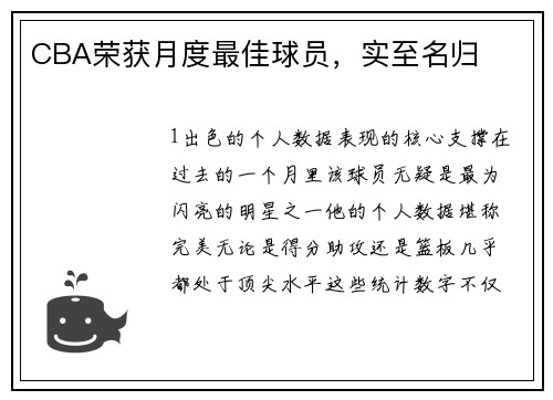 CBA荣获月度最佳球员，实至名归